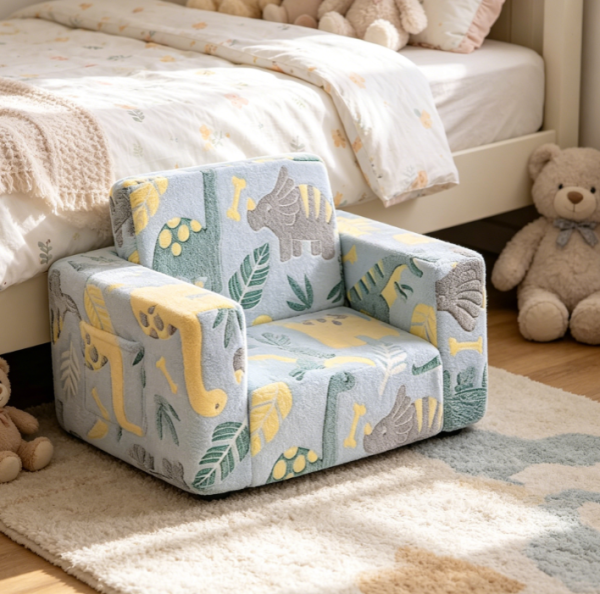 2 in 1 Flip Out Kids Sofa Lounger with Glow Dinosaur Print, Grey